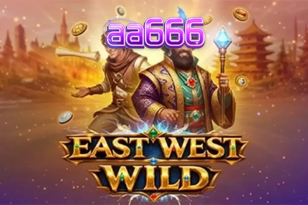 Pemandangan visual slot East West Wild dengan latar belakang gurun emas dan kuil kuno